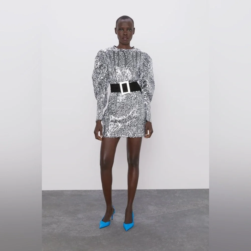 Zara White & Silver💎💎💎 Sequin Belted Mini Dress - Sz Large - NWT SALE - Picture 2 of 11